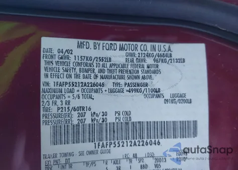 2002 Ford Taurus Ses z USA, uszkodzony, nr VIN 1FAFP55212A226046